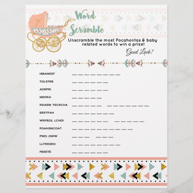 Flyer Pocahontas/Boho Juego de Word Scramble de Baby Sho (Frente)