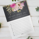 Flyer Polvoriento Juego De Rosas Púrpura Rosa Donde Está<br><div class="desc">¿Dónde estábamos los juegos de ducha de novia? Flores color agua polvorientas rosa y morada sobre un fondo de carbón vegetal. Los elementos coincidentes para completar la colección de eventos están disponibles en nuestra tienda Zazzle!</div>