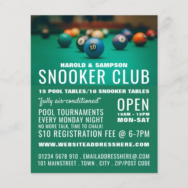 Flyer Pool Table, Pool Club, Snooker Club Advertising (Frente)