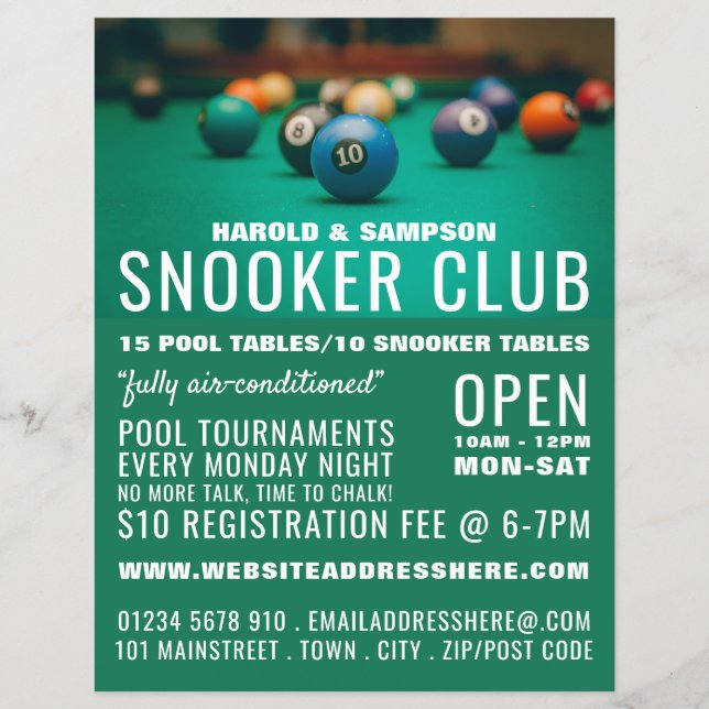 Flyer Pool Table, Pool Club, Snooker Club Advertising (Frente)