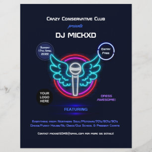 Flyer Póster de música y baile de DJ de neón