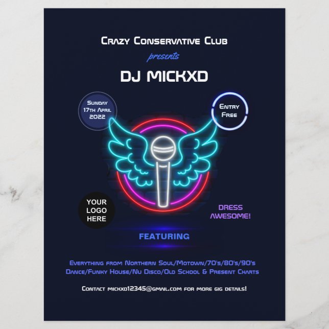Flyer Póster de música y baile de DJ de neón (Frente)