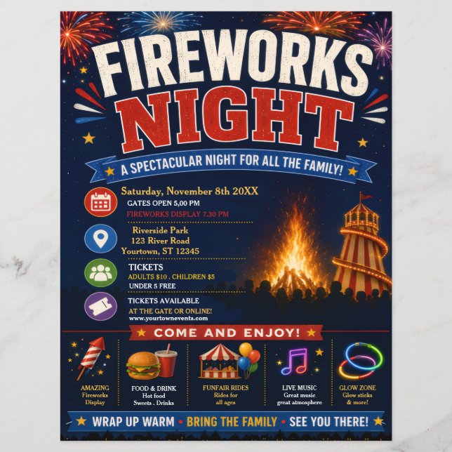 Flyer Póster de Noche de Fuegos Artificiales (Frente)