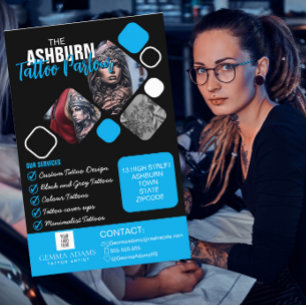 Flyer Póster de Salón de Tatuajes - Azul negro personali