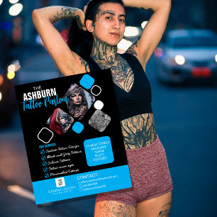 Flyer Póster de Salón de Tatuajes - Azul negro personali