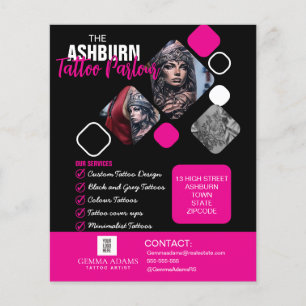 Flyer Póster de Salón de Tatuajes - Negro rosa personali
