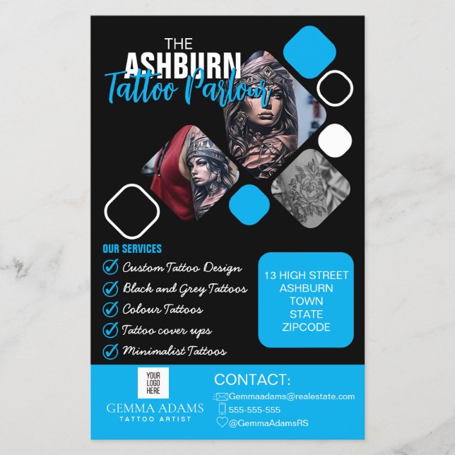 Flyer Poster del salón de tatuajes - azul negro Personal (Frente)