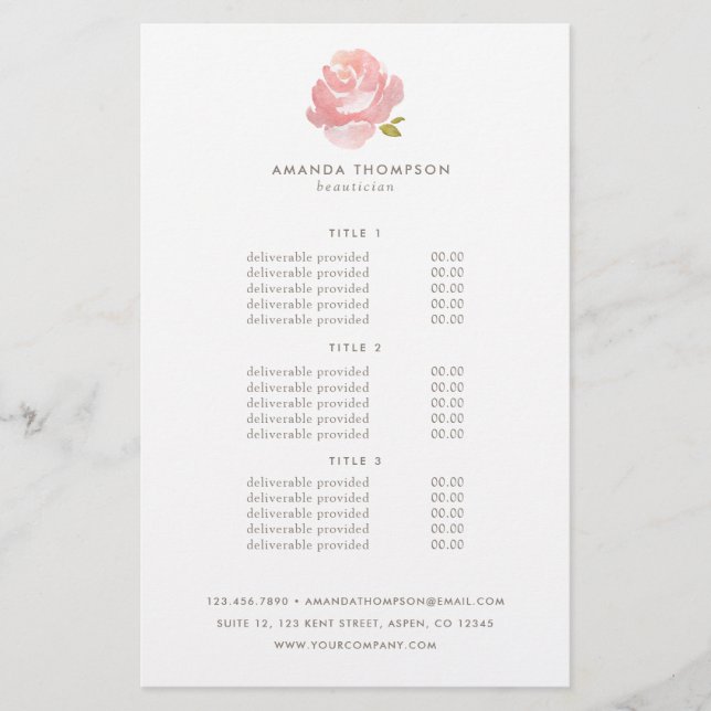 Flyer Precio y Servicios de Rosa Rosa Blush Acuarela Chi (Frente)