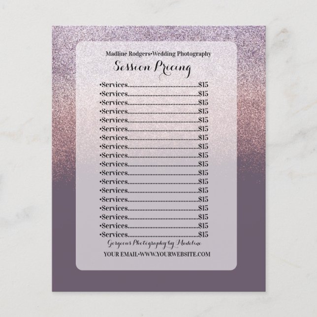 Flyer Precios de sesión fotográfica Boda purpurina Ombre (Frente)