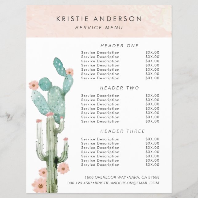 Flyer Precios y Servicios de Cactus Florales en Acuarela (Frente)