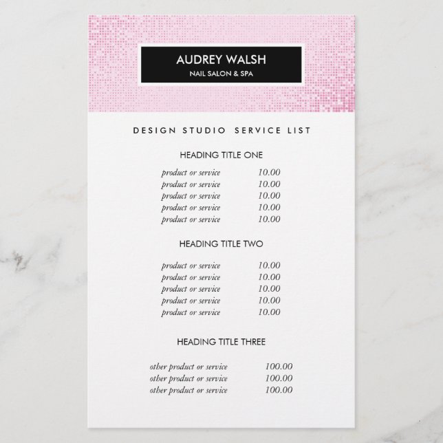 Flyer Precios y Servicios de la Sala de Estilo Rosa con  (Frente)
