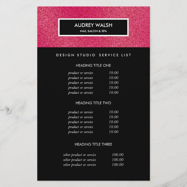 Flyer Precios y Servicios de Salón de Raspberry Glitter  (Frente)
