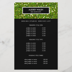 Flyer Precios y Servicios del Salón Verde con Brillo de