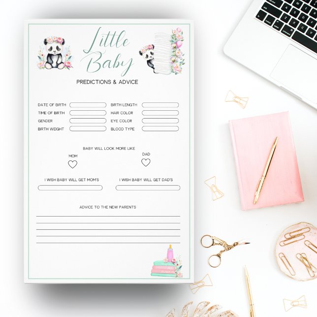 Flyer Predicciones de bebé de peonías de panda bebé en l (Excite guests with our Baby Panda Peonies Jungle Baby shower predictions game flyer!
)