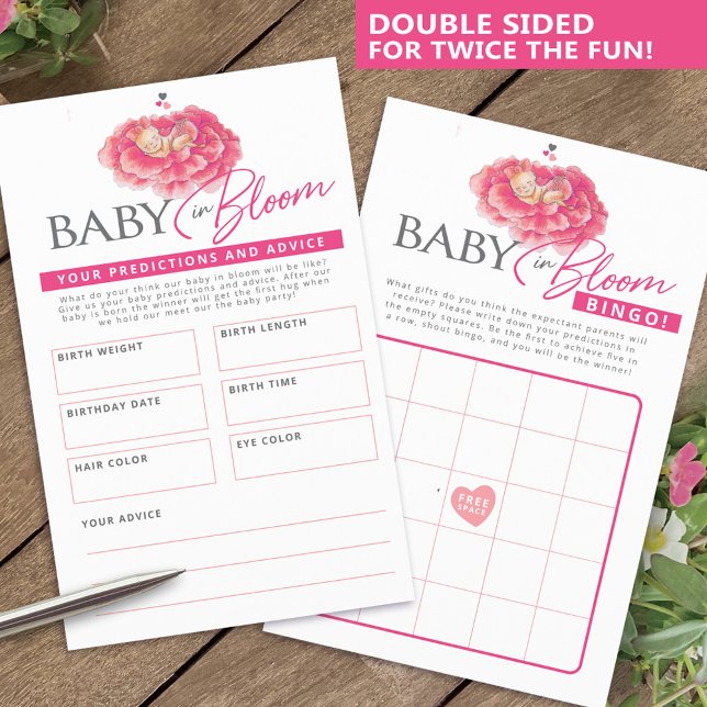 Flyer Predicciones de bingo de ducha de bebé rosa en flo (Subido por el creador)