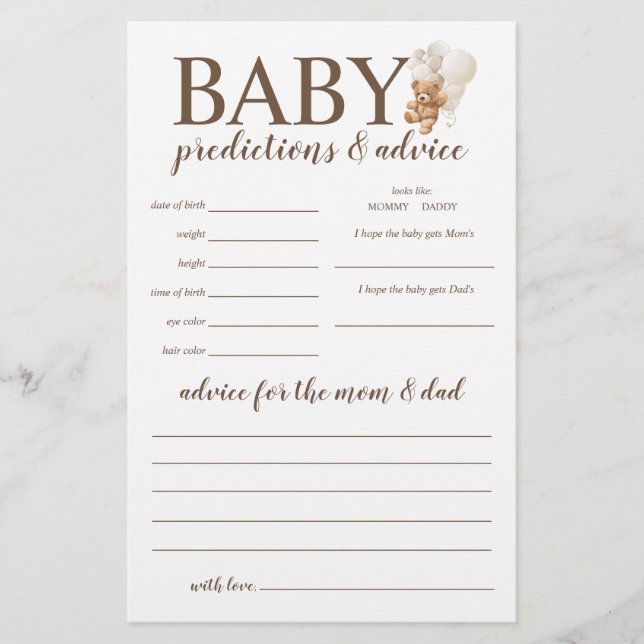 Flyer Predicciones para bebés y juego de osito de peluch (Frente)