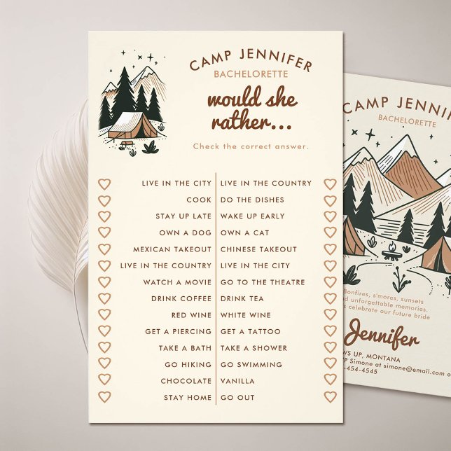 Flyer Prefiere El Juego De Bachelorette (camping bachelorette party game would she rather camp bach earth colors beige brown)