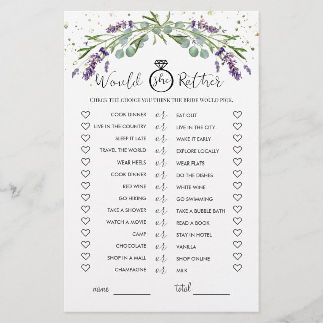 Flyer ¿Prefiere Eucalyptus Lavender Bridal Game? (Frente)
