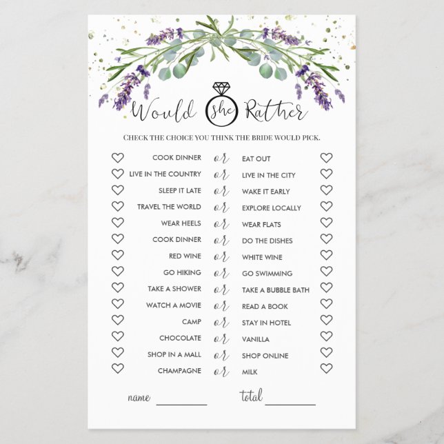Flyer ¿Prefiere Eucalyptus Lavender Bridal Game? (Frente)