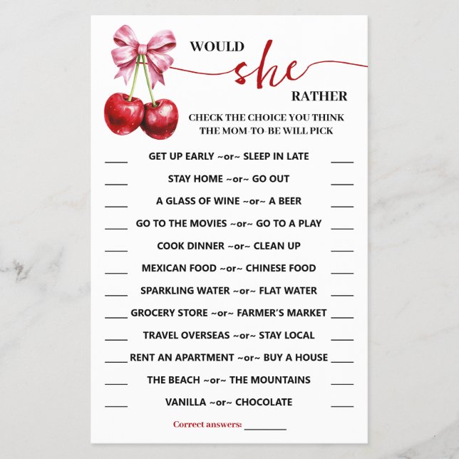 Flyer ¿Prefiere La Tarjeta De Juego Baby Shower De Cherr (Frente)