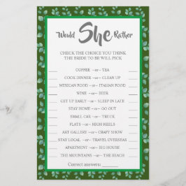 Flyer ¿Prefiere que Eucalyptus BridalShower Game Card?