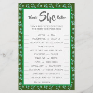 Flyer ¿Prefiere que Eucalyptus BridalShower Game Card?