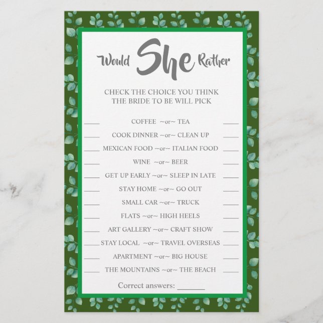 Flyer ¿Prefiere que Eucalyptus BridalShower Game Card? (Frente)