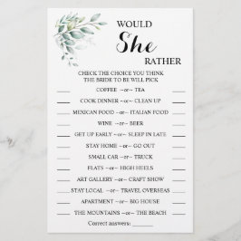 Flyer ¿Prefiere que Eucalyptus BridalShower Game Card?