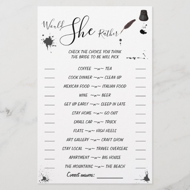 Flyer Prefiere | Tarjeta de juego Pen & Inkwell Shower (Frente)