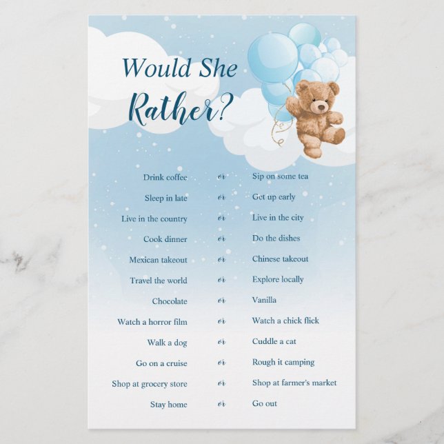 Flyer ¿Prefiere Un Juego De Oso De Teddy Azul? (Frente)