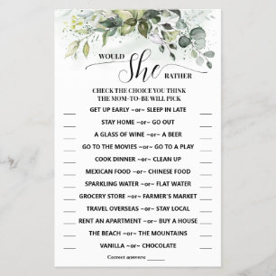 Flyer ¿Prefiere una tarjeta de juego de Baby Shower verd