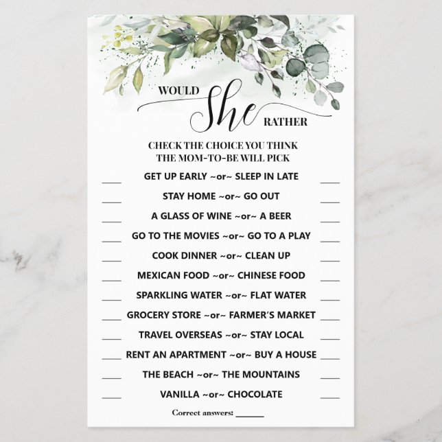 Flyer ¿Prefiere una tarjeta de juego de Baby Shower verd (Frente)