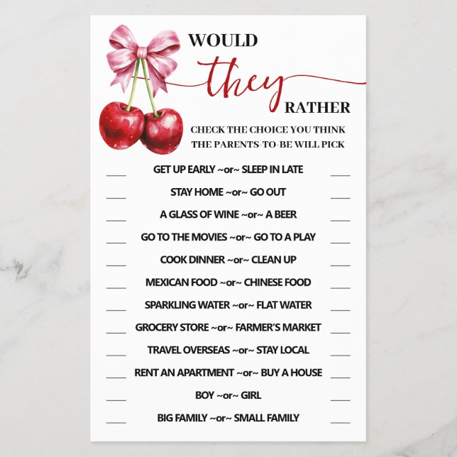 Flyer ¿Prefieren Cherry Coquette Shower Game Card? (Frente)