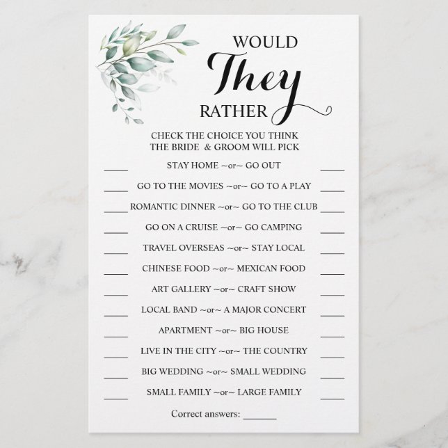 Flyer ¿Prefieren Eucalyptus Shower Game Card? (Frente)