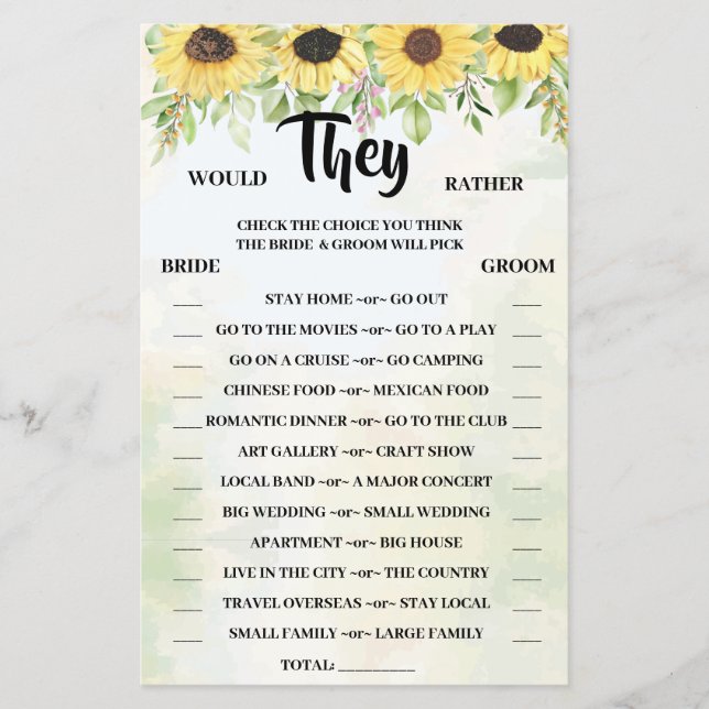 Flyer ¿Prefieren La Tarjeta De Juego De La Ducha Sunflow (Frente)