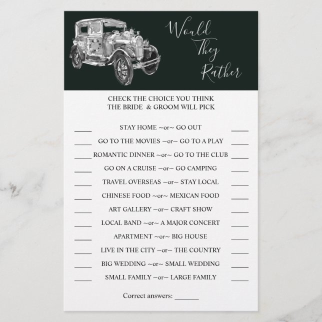 Flyer ¿Prefieren Tarjeta De Juego De Ducha De Coche Boda (Frente)