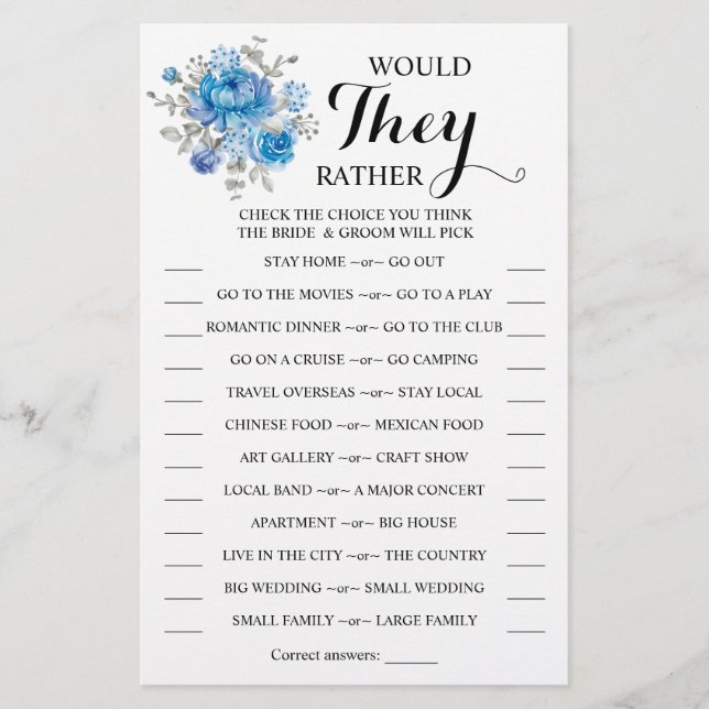 Flyer ¿Prefieren Una Tarjeta De Juego De Flores Azules? (Frente)