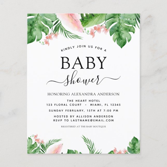 Flyer Presupuestario Baby Shower Tropical Palm Floral ac (Frente)