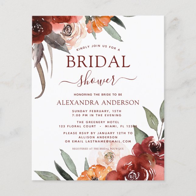 Flyer Presupuestario Burgundy Bridal Shower Autumn Flora (Frente)