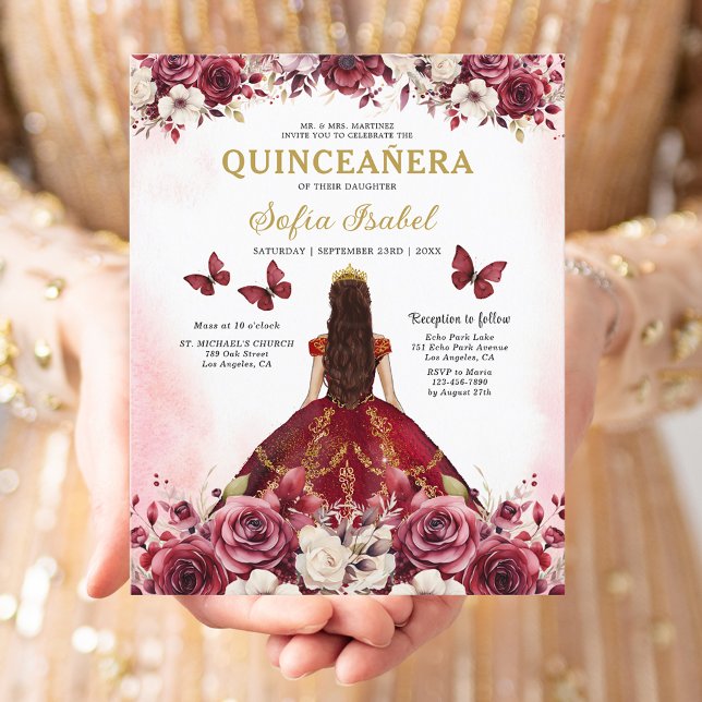 Flyer Presupuestario Floral Borgoña Princesa Quinceanera (Subido por el creador)