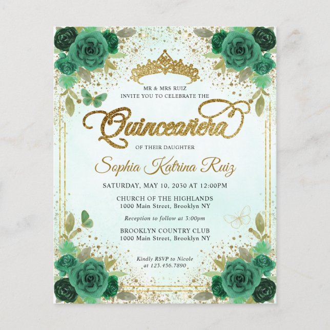 Flyer Presupuestario Floral Esmeralda Verde Glam Oro Qui