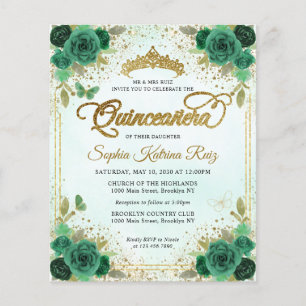 Flyer Presupuestario Floral Esmeralda Verde Glam Oro Qui