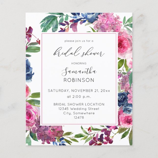 Flyer Presupuestario Hot Pink & Navy Blue Floral Bridal  (Frente)