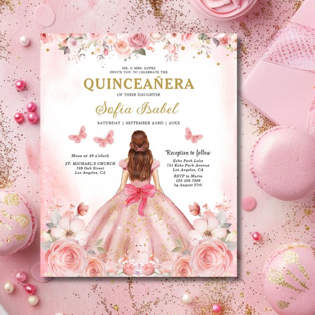 Flyer Presupuestario Quinceañera Rubor Rosa Floral rosa (Subido por el creador)