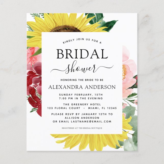 Flyer Presupuestario Sunflower Bridal Shower Spring Flor (Frente)