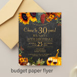 Flyer Presupuesto 30 años otoño rústico 30 cumpleaños fi<br><div class="desc">Dorado amarillo y naranja oxidado girasoles otoño otoño, uvas, dos vasos de vino tinto y una calabaza acuarela sobre un fondo de madera de granero marrón oscuro haciendo una elegante ovación a 30 años BUDGET fiesta de cumpleaños asequible PAPER invitación FLYER con un moderno guión de escritura a mano de...</div>