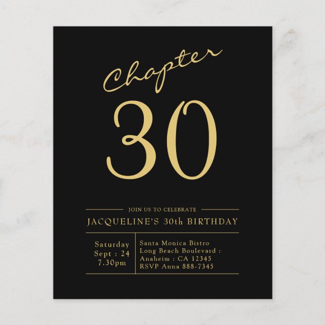 Flyer Presupuesto 30 Invitación de cumpleaños Oro Negro (Frente)