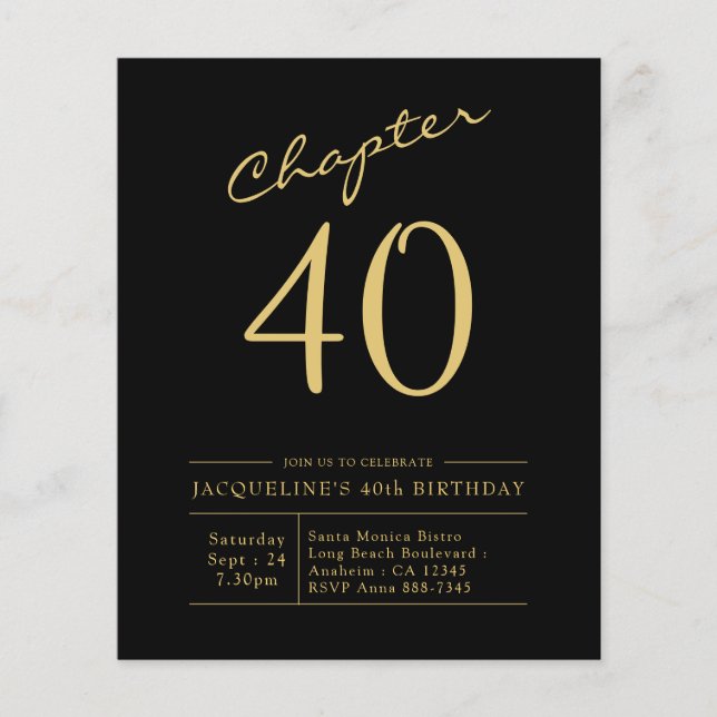 Flyer Presupuesto 40 Invitación de cumpleaños Oro Negro (Frente)