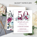 Flyer Presupuesto 50 y fabulosa invitación de cumpleaños<br><div class="desc">Elegante femenino 50 y fabuloso 50 años PRESUPUESTO invitación asequible FLYER con acuarela color burdeos y polvorientos azules rosas bouquets y una moderna escritura tipográfica a la moda. Fácil de personalizar con tus detalles! LEA ESTO ANTES DE COMPRAR! Esta es una tarjeta asequible para el presupuesto impresa en un FLYER....</div>