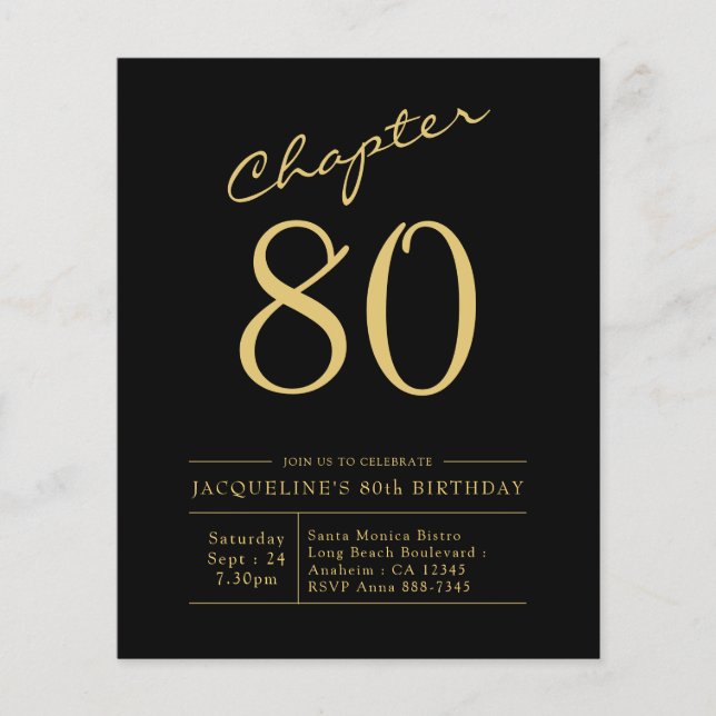 Flyer Presupuesto 80 Invitación de cumpleaños Oro Negro (Frente)